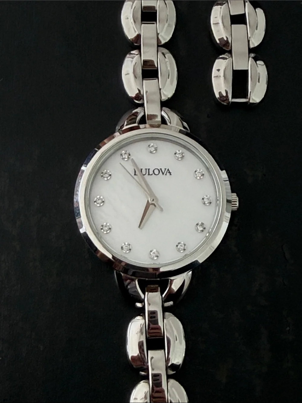 Bulova Women's Silver Tone Bracelet Watch with White Dial and Crystal Markers